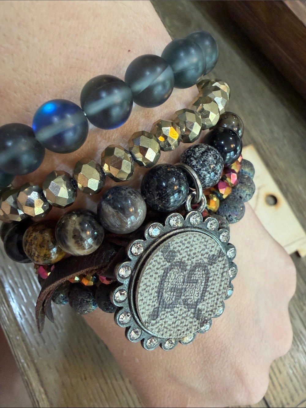 Women's Multi-Strand Beaded Bracelet with Up cycled Gucci piece - Picture 3 of 8
